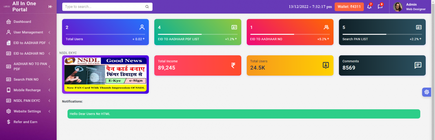 NSDL EKYC BIOMATRIC PORTAL , PAN FIND, RECHARGE, AADHAAR FIND, UTI, PORTAL With 3 Payment gateway and API integrated (You need API only) With Refer Earn System (NFR)
